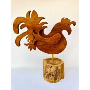 Hand Carved Wood Rooster Kinetic Sculpture on Natural Log Base 21"
